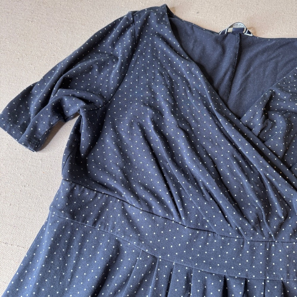 Lands End Navy Blue Polka Dot Surplice V-Neck Dress XL Petite Pima Cotton Modal